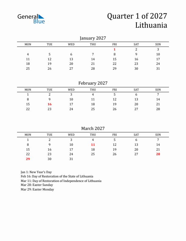 Quarter 1 2027 Lithuania Quarterly Calendar