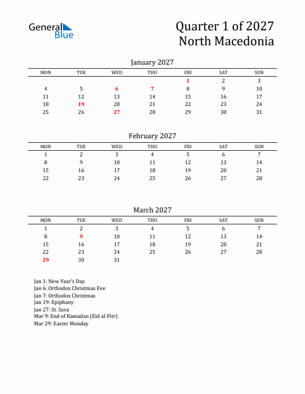Quarter 1 2027 North Macedonia Quarterly Calendar