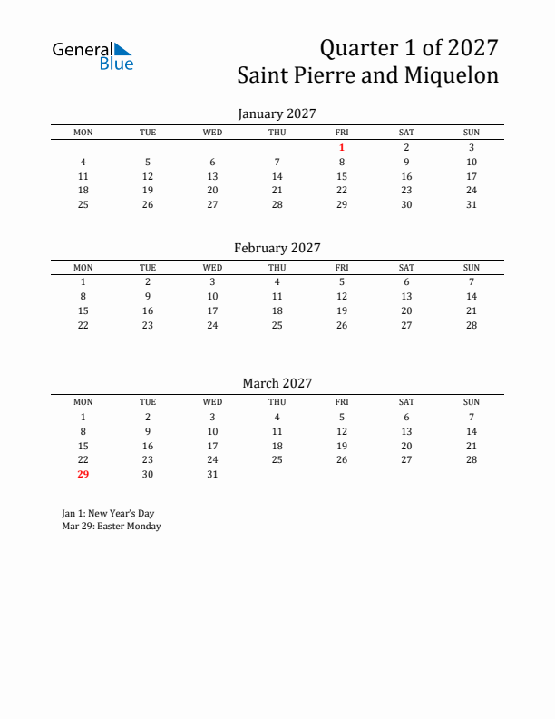 Quarter 1 2027 Saint Pierre and Miquelon Quarterly Calendar