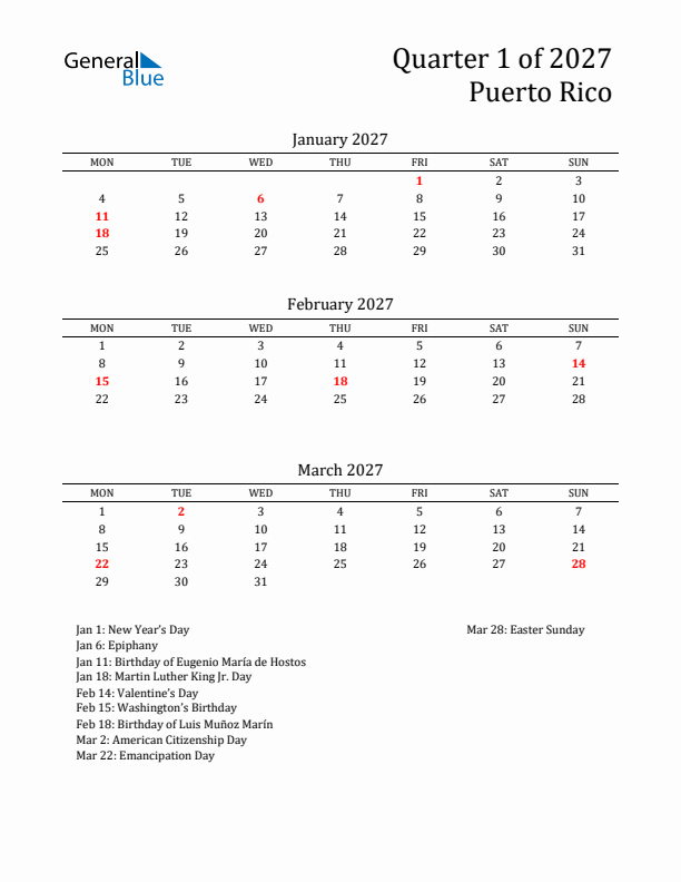 Quarter 1 2027 Puerto Rico Quarterly Calendar
