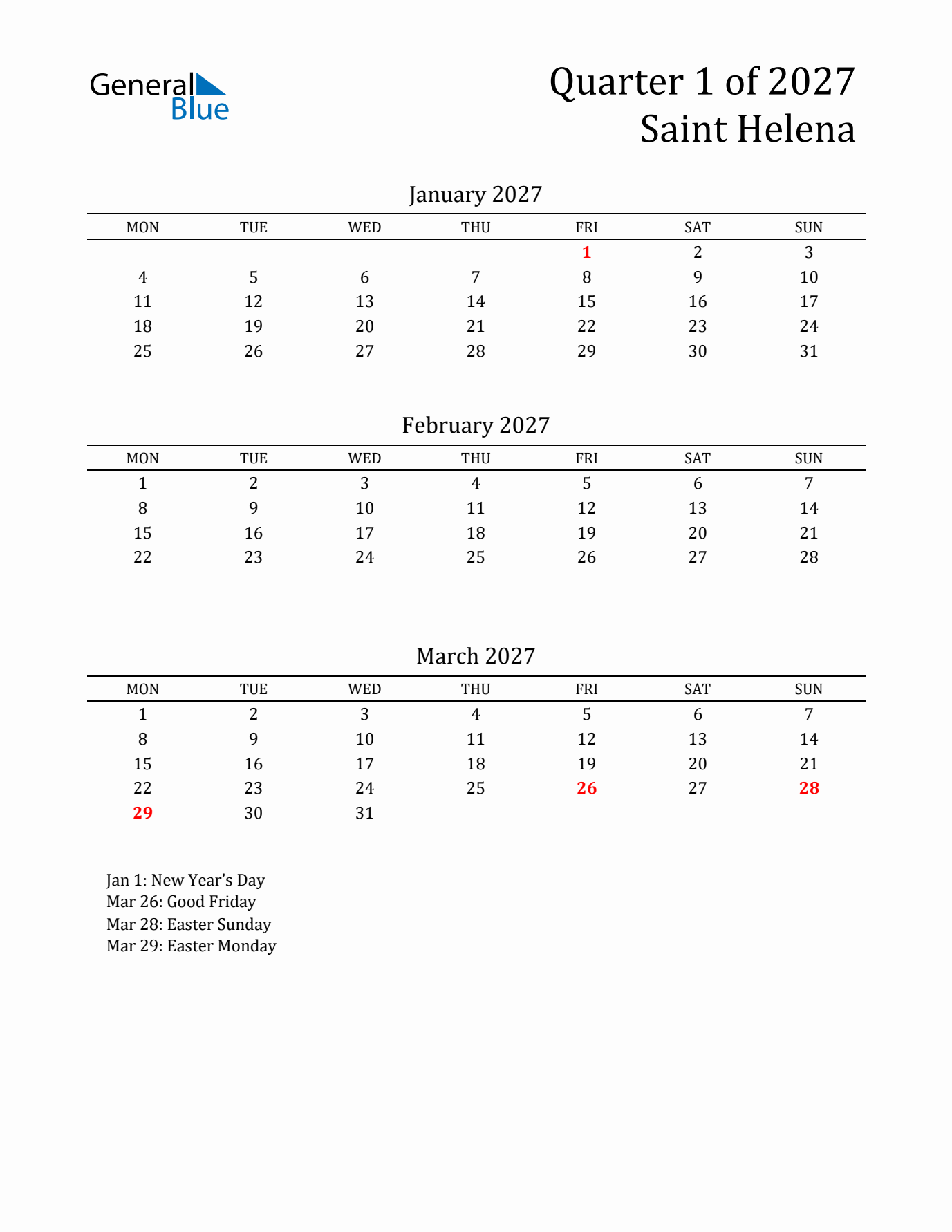 Quarter 1 2027 Saint Helena Quarterly Calendar