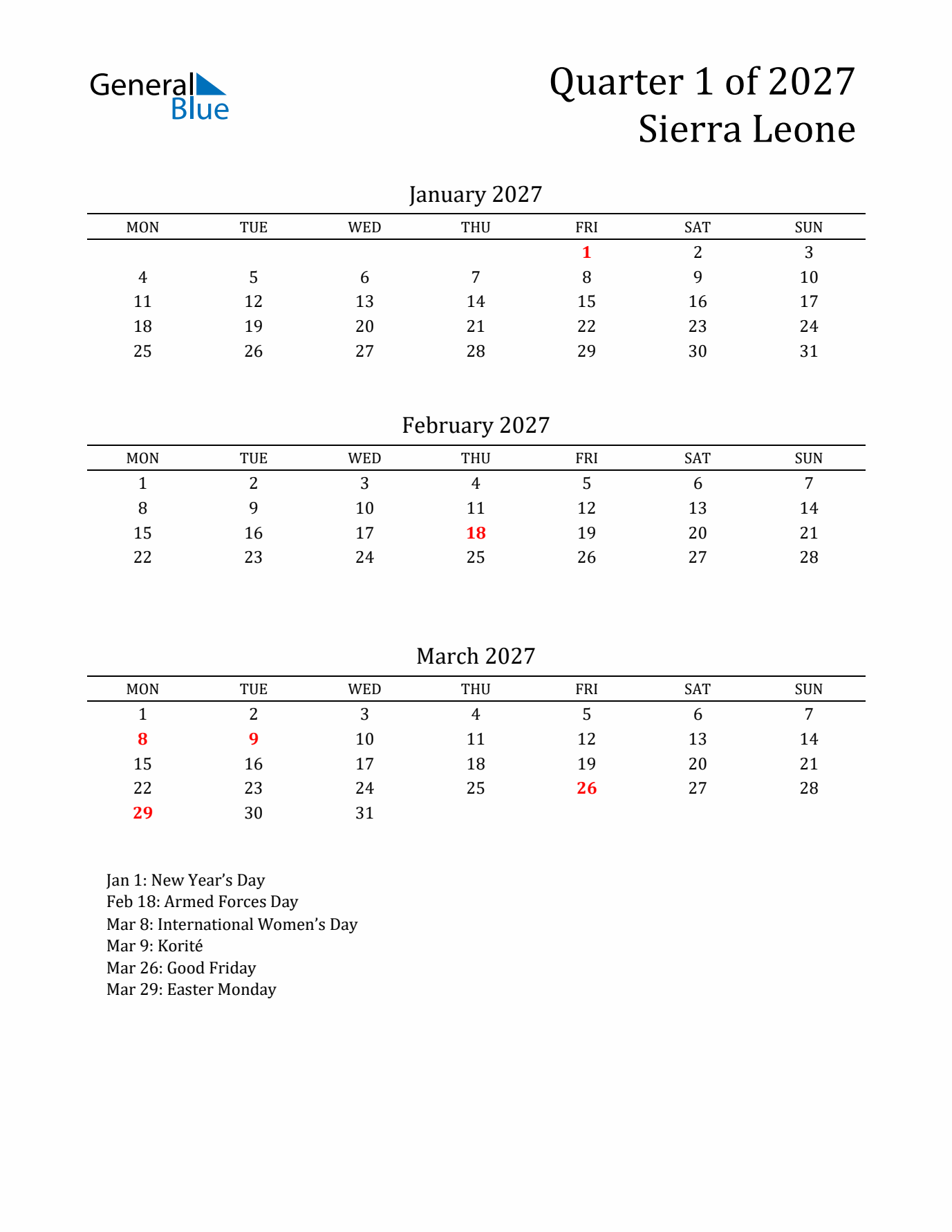 Quarter 1 2027 Sierra Leone Quarterly Calendar