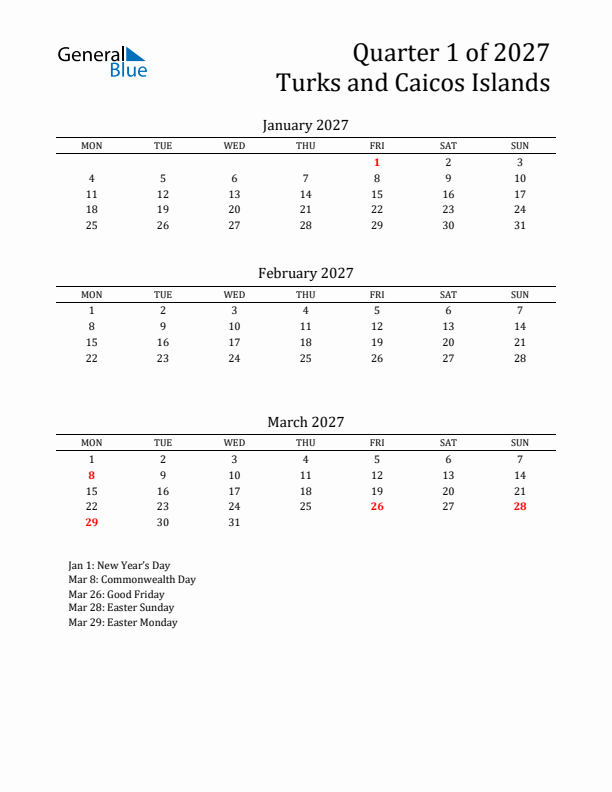 Quarter 1 2027 Turks and Caicos Islands Quarterly Calendar