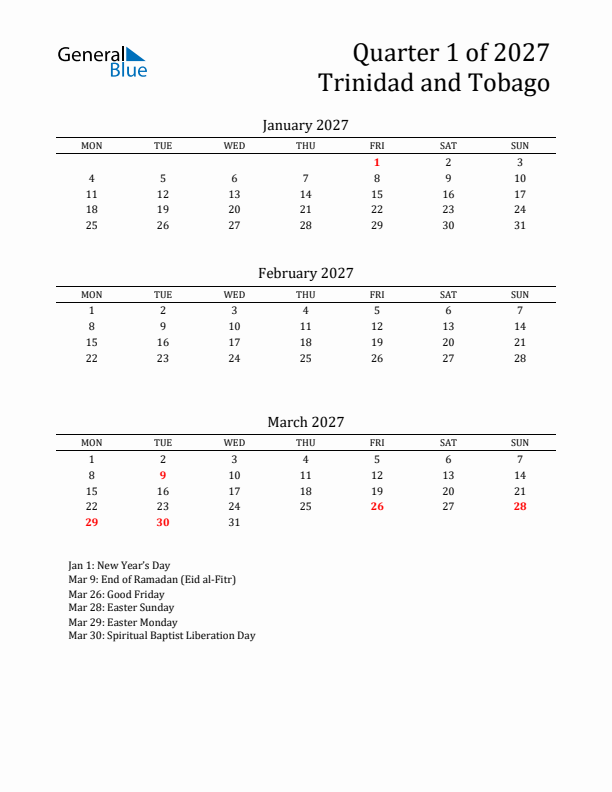 Quarter 1 2027 Trinidad and Tobago Quarterly Calendar