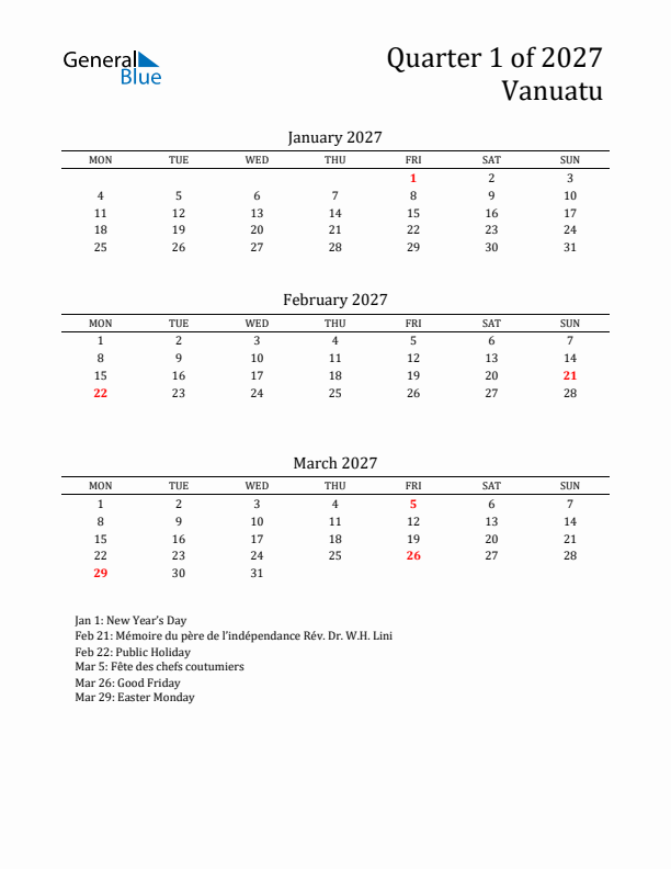 Quarter 1 2027 Vanuatu Quarterly Calendar