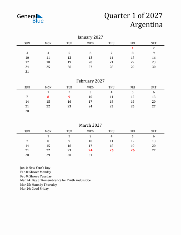 Quarter 1 2027 Argentina Quarterly Calendar