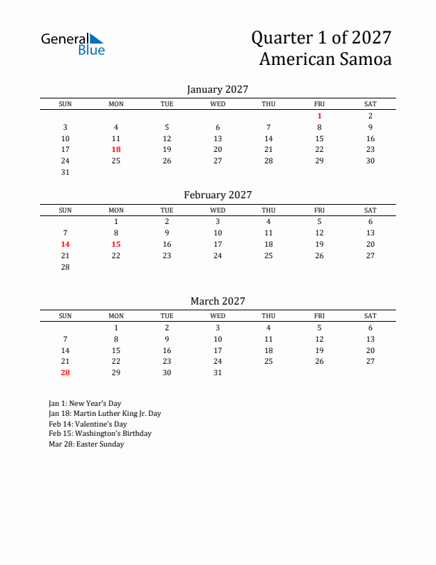 Quarter 1 2027 American Samoa Quarterly Calendar