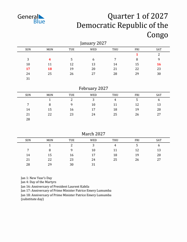Quarter 1 2027 Democratic Republic of the Congo Quarterly Calendar