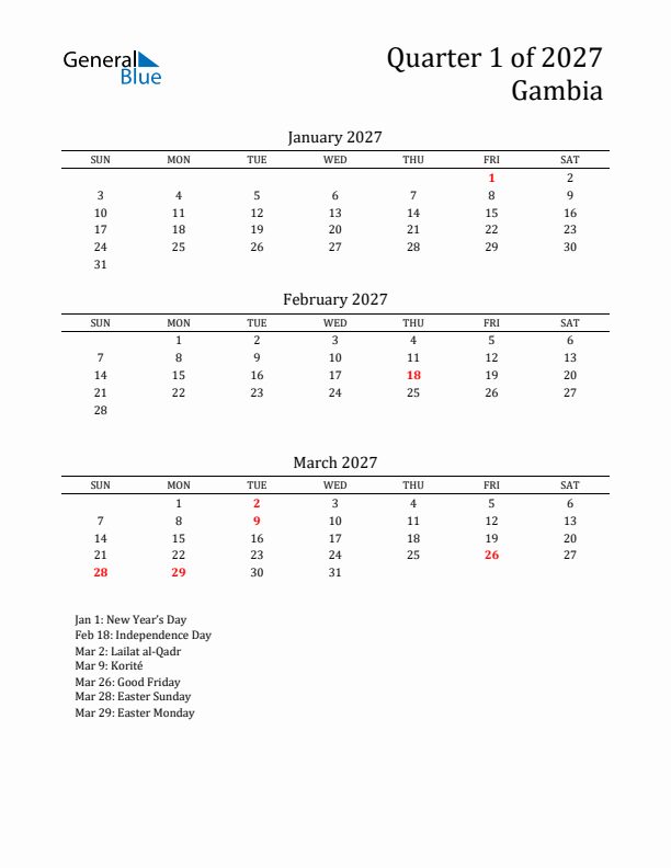Quarter 1 2027 Gambia Quarterly Calendar