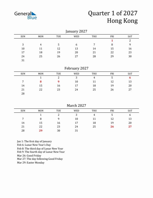 Quarter 1 2027 Hong Kong Quarterly Calendar