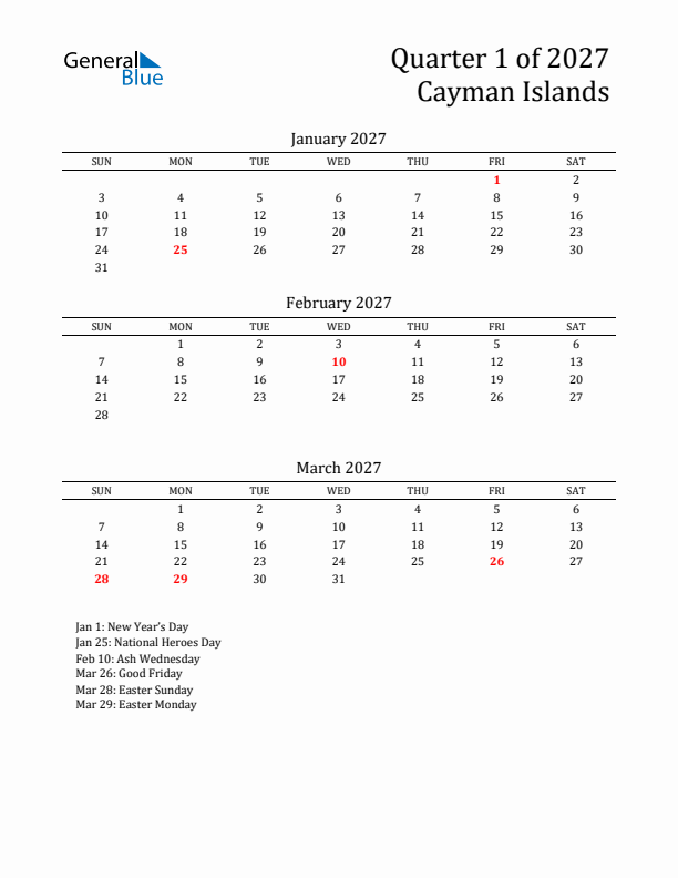 Quarter 1 2027 Cayman Islands Quarterly Calendar