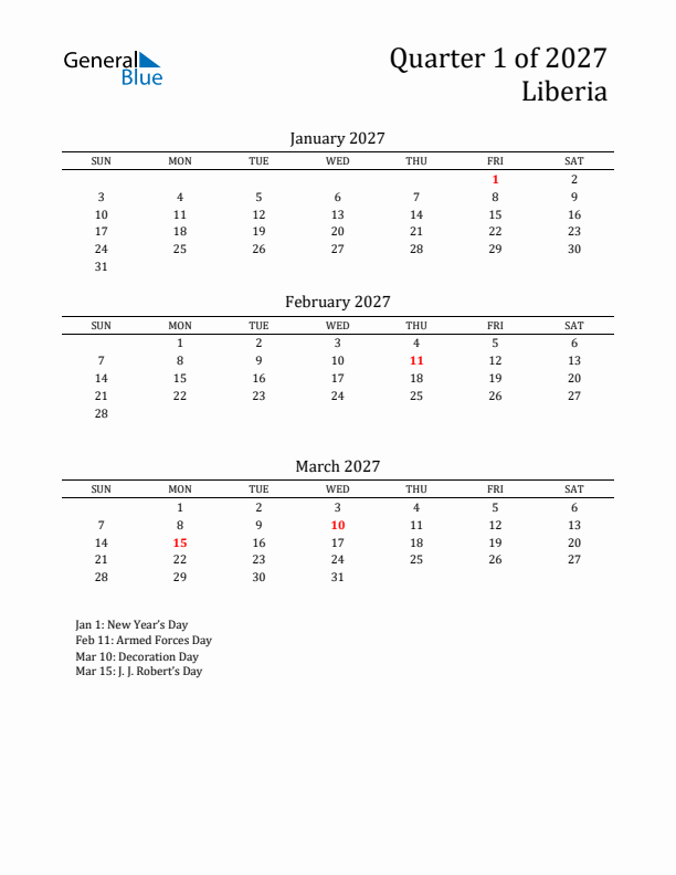 Quarter 1 2027 Liberia Quarterly Calendar