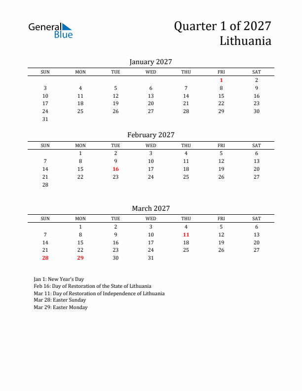 Quarter 1 2027 Lithuania Quarterly Calendar