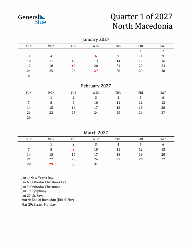 Quarter 1 2027 North Macedonia Quarterly Calendar
