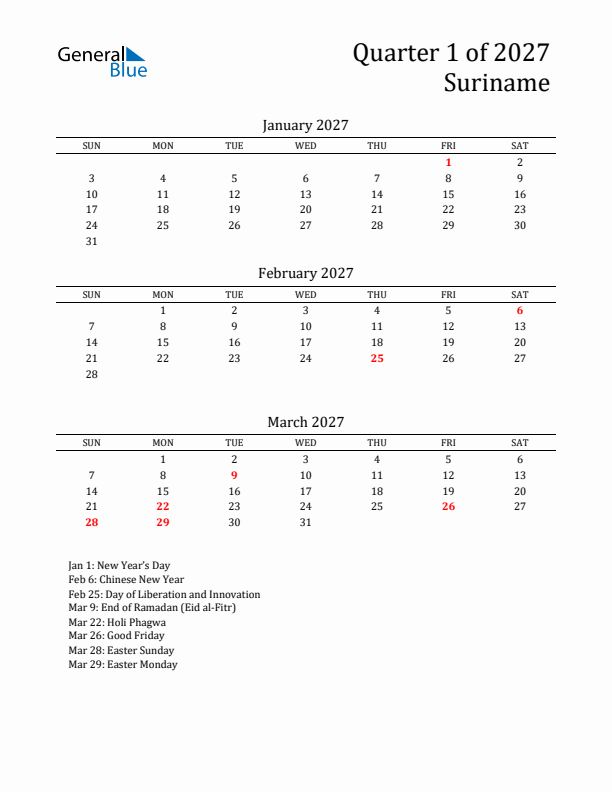 Quarter 1 2027 Suriname Quarterly Calendar