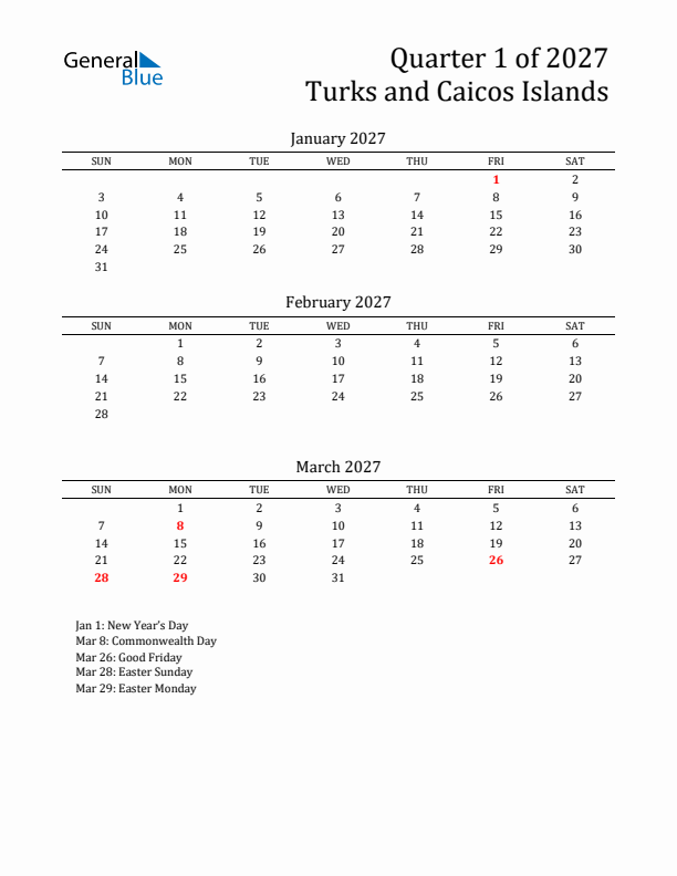 Quarter 1 2027 Turks and Caicos Islands Quarterly Calendar