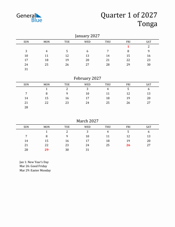 Quarter 1 2027 Tonga Quarterly Calendar