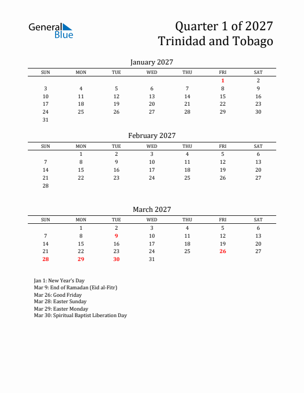 Quarter 1 2027 Trinidad and Tobago Quarterly Calendar