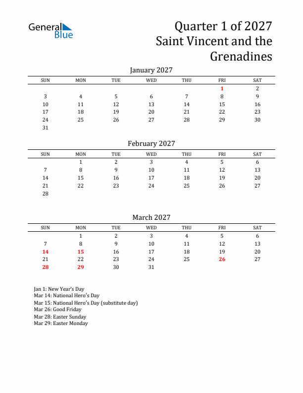 Quarter 1 2027 Saint Vincent and the Grenadines Quarterly Calendar