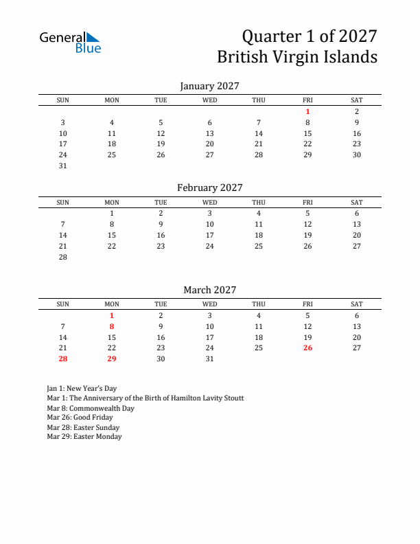 Quarter 1 2027 British Virgin Islands Quarterly Calendar
