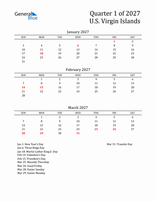 Quarter 1 2027 U.S. Virgin Islands Quarterly Calendar