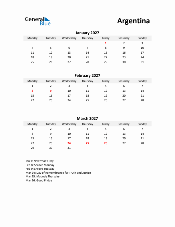 Printable Quarterly Calendar with Notes and Argentina Holidays- Q1 of 2027