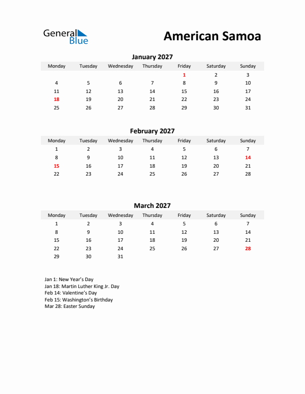 Printable Quarterly Calendar with Notes and American Samoa Holidays- Q1 of 2027