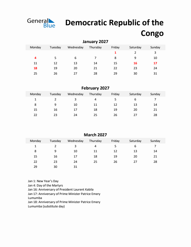 Printable Quarterly Calendar with Notes and Democratic Republic of the Congo Holidays- Q1 of 2027