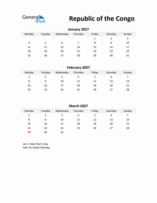Printable Quarterly Calendar with Notes and Republic of the Congo Holidays- Q1 of 2027