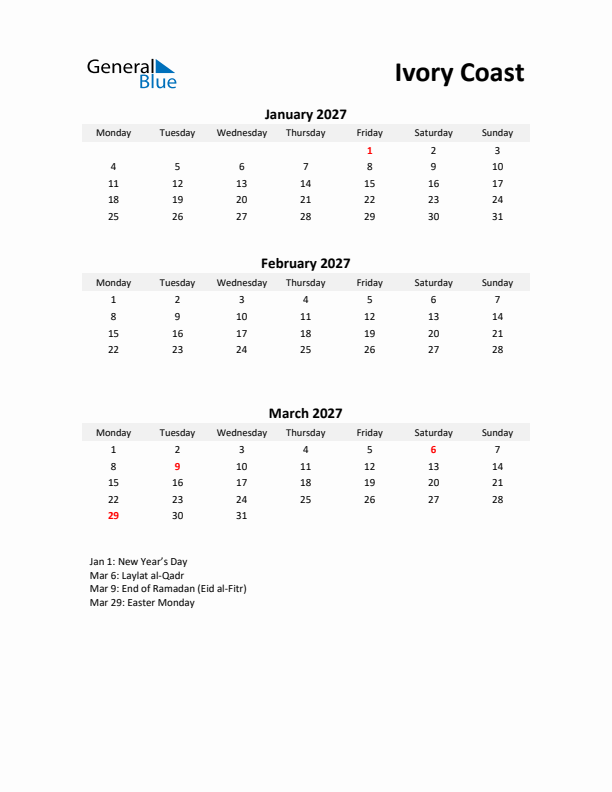 Printable Quarterly Calendar with Notes and Ivory Coast Holidays- Q1 of 2027