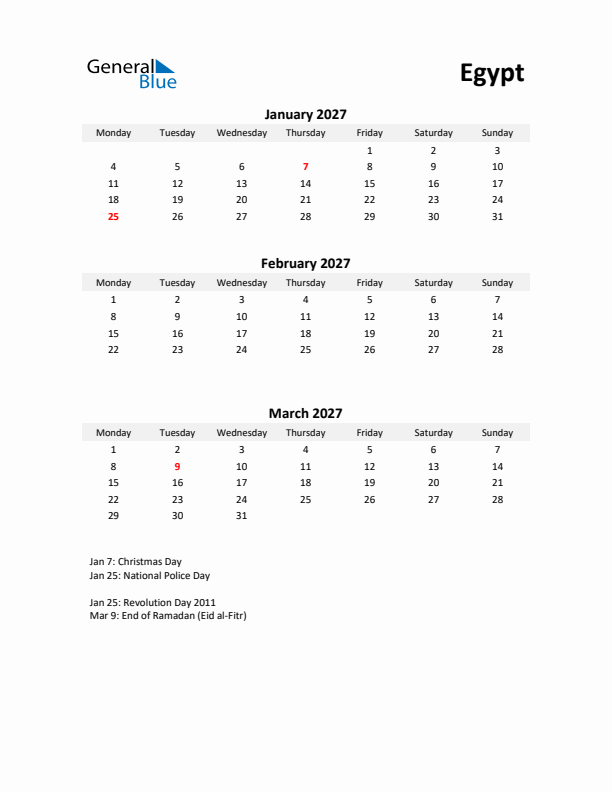 Printable Quarterly Calendar with Notes and Egypt Holidays- Q1 of 2027