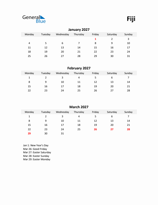 Printable Quarterly Calendar with Notes and Fiji Holidays- Q1 of 2027