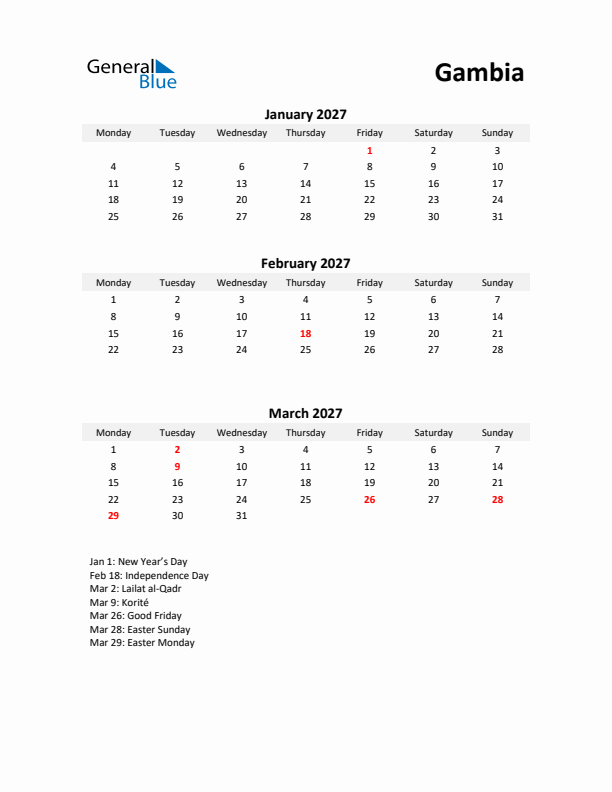 Printable Quarterly Calendar with Notes and Gambia Holidays- Q1 of 2027