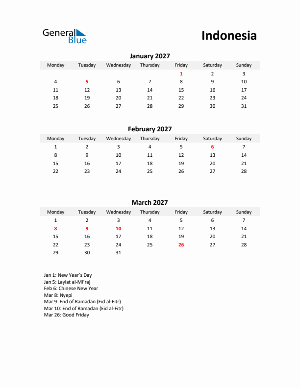 Printable Quarterly Calendar with Notes and Indonesia Holidays- Q1 of 2027
