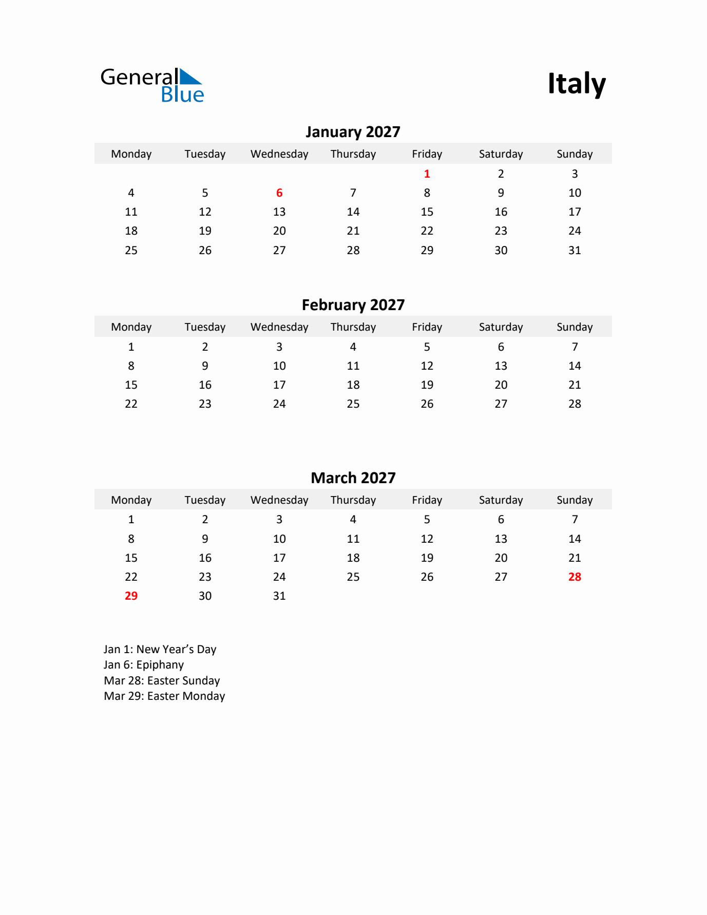 Printable Quarterly Calendar with Notes and Italy Holidays- Q1 of 2027