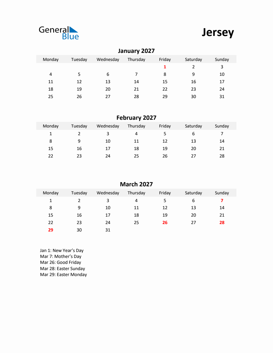 Printable Quarterly Calendar with Notes and Jersey Holidays (Q1, 2027 ...