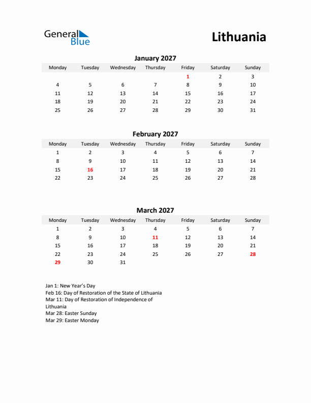 Printable Quarterly Calendar with Notes and Lithuania Holidays- Q1 of 2027