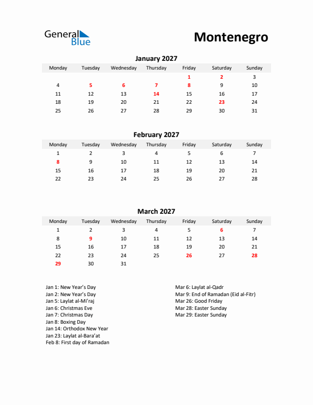 Printable Quarterly Calendar with Notes and Montenegro Holidays- Q1 of 2027