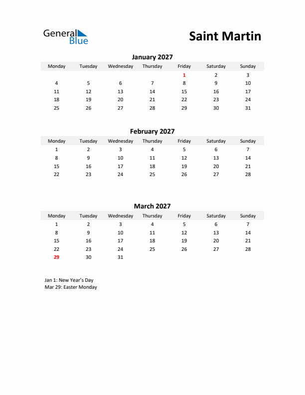 Printable Quarterly Calendar with Notes and Saint Martin Holidays- Q1 of 2027