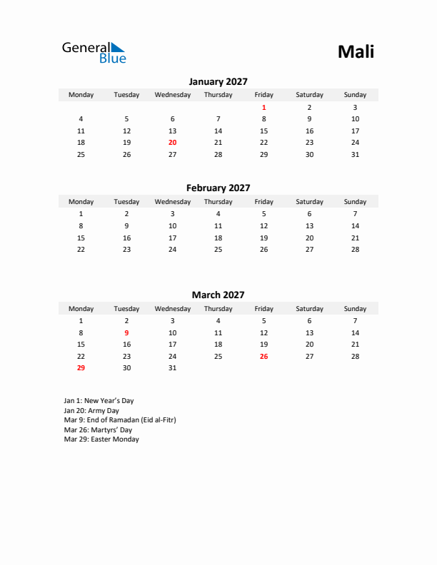 Printable Quarterly Calendar with Notes and Mali Holidays- Q1 of 2027