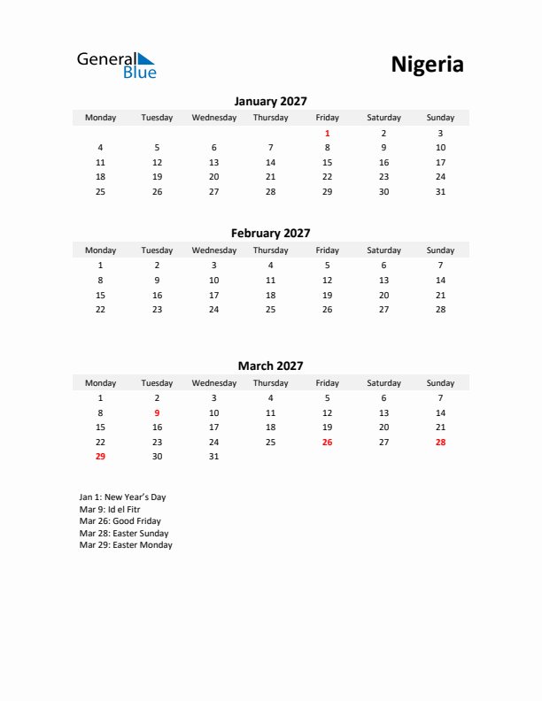 Printable Quarterly Calendar with Notes and Nigeria Holidays- Q1 of 2027