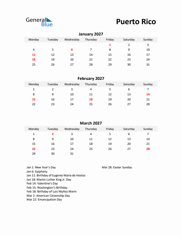 Printable Quarterly Calendar with Notes and Puerto Rico Holidays- Q1 of 2027