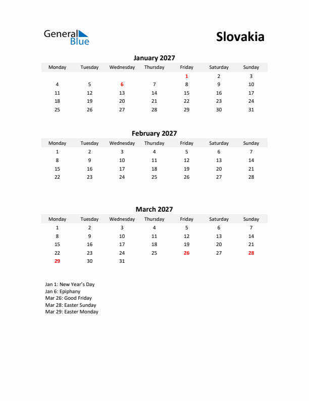 Printable Quarterly Calendar with Notes and Slovakia Holidays- Q1 of 2027