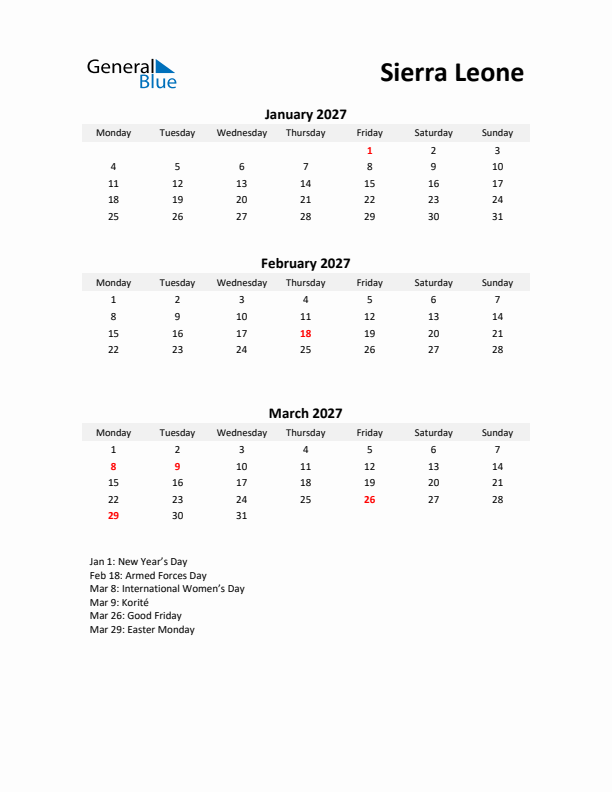 Printable Quarterly Calendar with Notes and Sierra Leone Holidays- Q1 of 2027