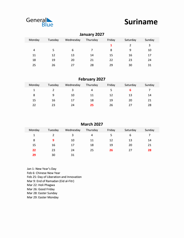 Printable Quarterly Calendar with Notes and Suriname Holidays- Q1 of 2027