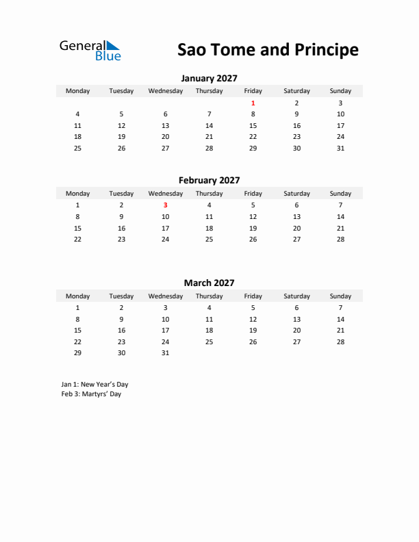Printable Quarterly Calendar with Notes and Sao Tome and Principe Holidays- Q1 of 2027