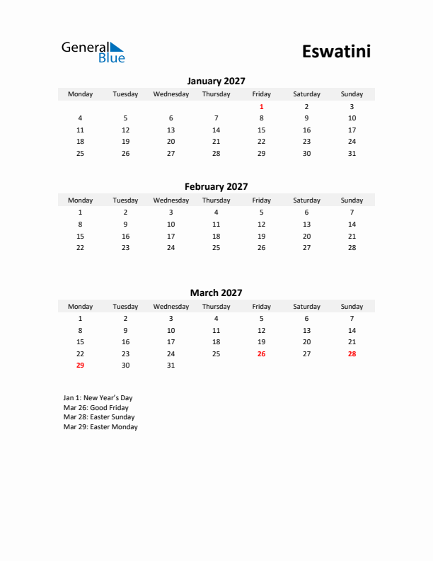 Printable Quarterly Calendar with Notes and Eswatini Holidays- Q1 of 2027