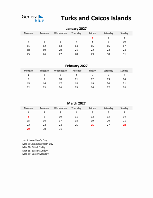 Printable Quarterly Calendar with Notes and Turks and Caicos Islands Holidays- Q1 of 2027