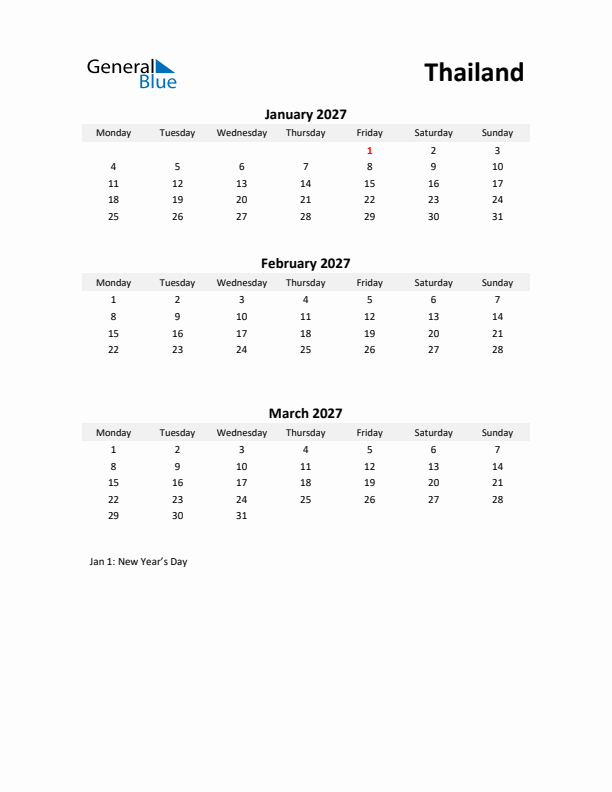 Printable Quarterly Calendar with Notes and Thailand Holidays- Q1 of 2027