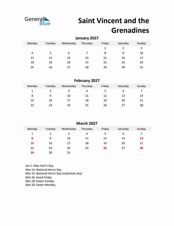 Printable Quarterly Calendar with Notes and Saint Vincent and the Grenadines Holidays- Q1 of 2027